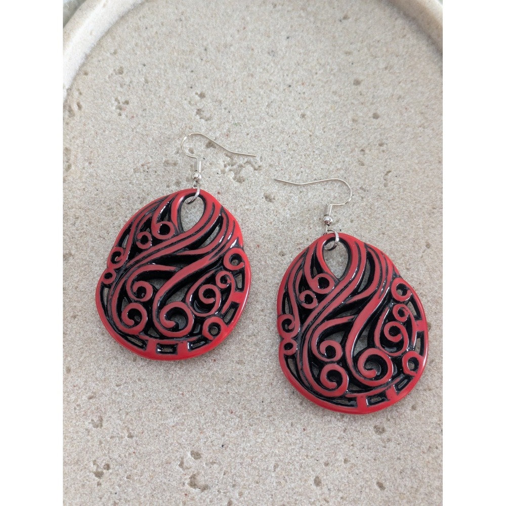 Deep Red Filigree Dangle Earrings Intricate Openwork Teardrop Boho Artsy